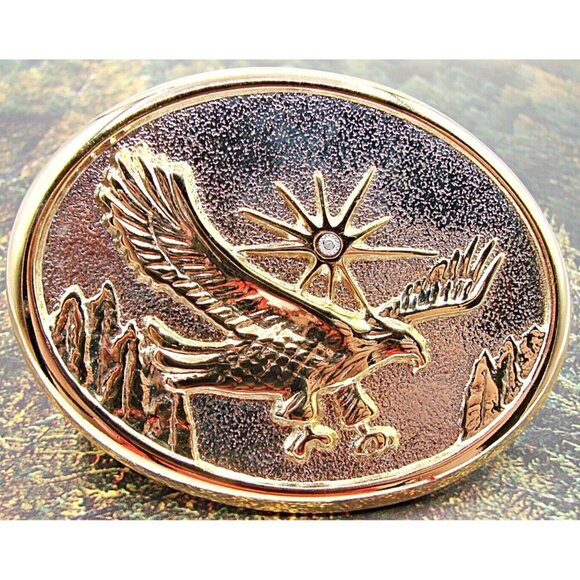 Patriotic American Soaring Eagle Sunburst Rhinestone Belt Buckle Gold Tone Brass - Picture 2 of 11